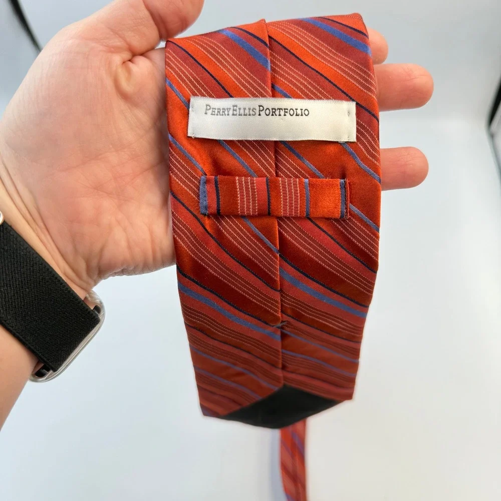 VTG Perry Ellis Portfolio Silk Tie Burnt Orange Blue Stripe WPL 2831 Made in USA